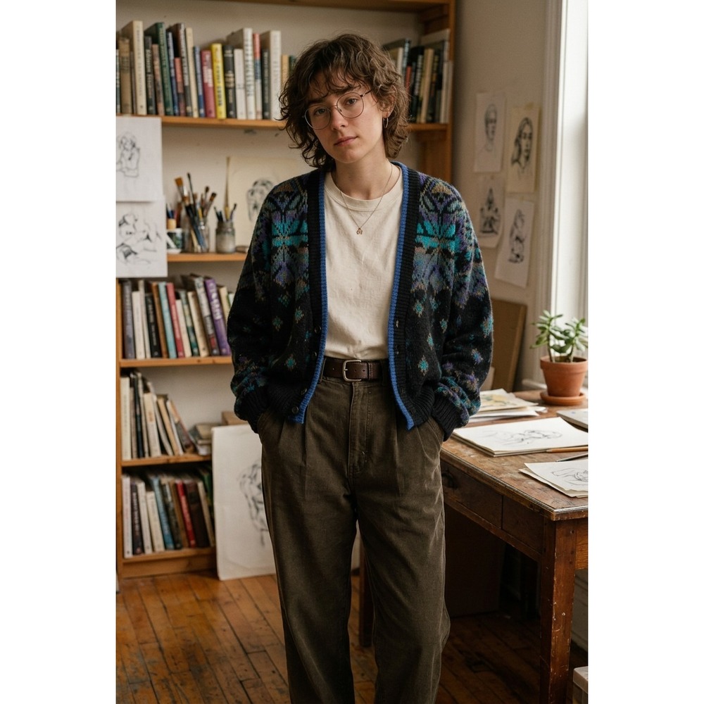 Saturdays Vintage 1991 Cardigan Sweater Women's M 12-14 Geometric Knit